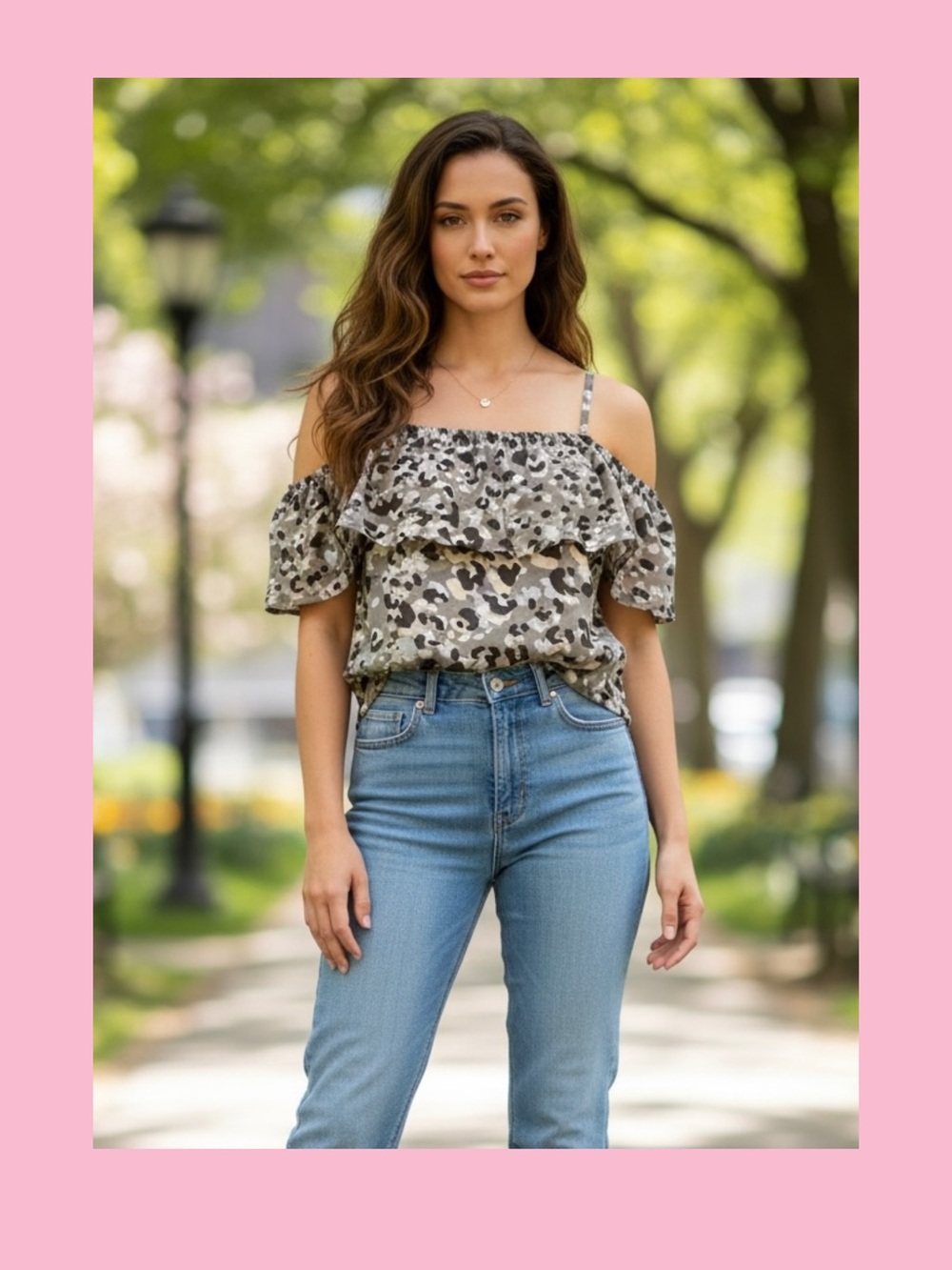CAbi Beige Camo Ruffle Off-Shoulder Cami